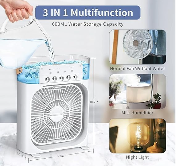 Personal Air Cooler Portable Air Conditioner Fan, Mini Evaporative Cooler with LED Light Timer Wind Speed and Spray Modes for Home Office Travel