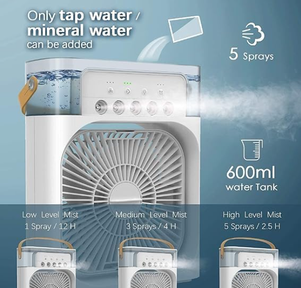 Personal Air Cooler Portable Air Conditioner Fan, Mini Evaporative Cooler with LED Light Timer Wind Speed and Spray Modes for Home Office Travel