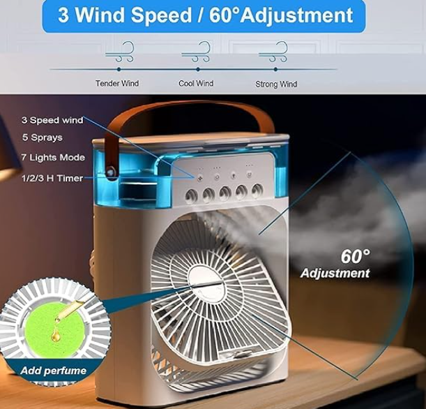 Personal Air Cooler Portable Air Conditioner Fan, Mini Evaporative Cooler with LED Light Timer Wind Speed and Spray Modes for Home Office Travel